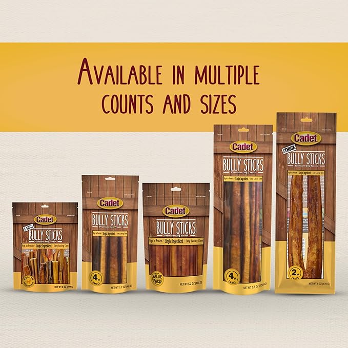 Cadet Bully Sticks for Extra-Small Dogs, All-Natural Beef Pizzle, Rawhide-Free Long-Lasting Dog Chews for Aggressive Chewers, 8 oz