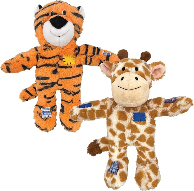 KONG Wild Knots Dog Toys – 2 Pack – Durable Plush Dog Toy with Internal Knotted Rope & Squeaker (Tiger/Giraffe, Medium/Large)