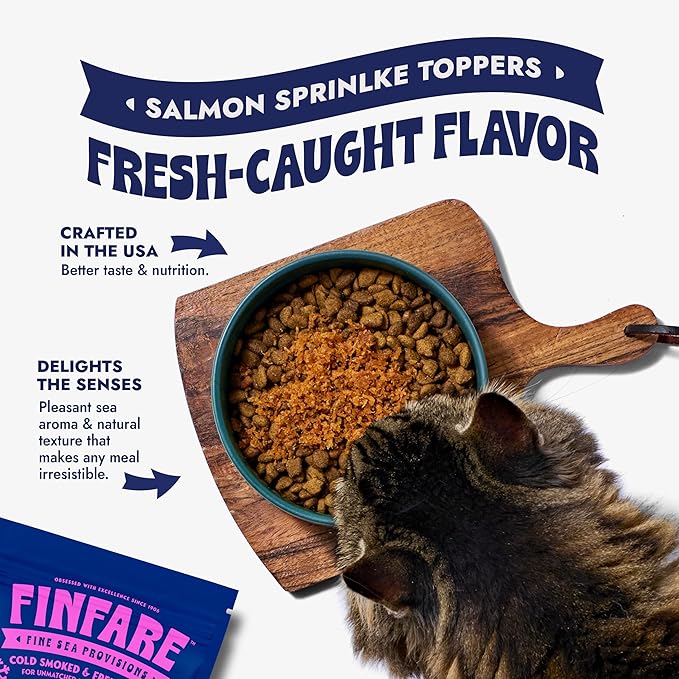 Finfare Freeze Dried Cat Food Toppers, Salmon Sprinkles, Grain Free Meal Toppers for Cats to Support Taste & Nutrition - High Protein & Omega-3s, Crafted in USA, 1.3oz