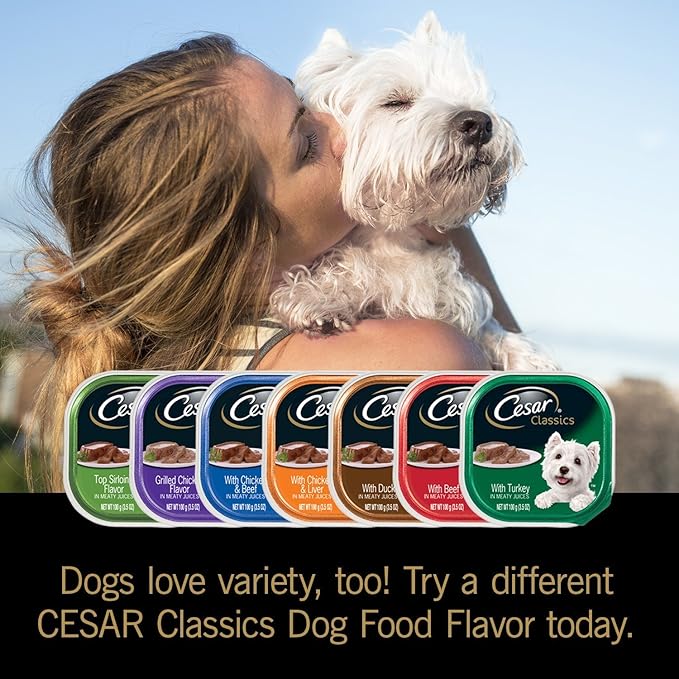 Cesar Classic Loaf in Sauce Adult Wet Dog Food with Duck, Oven Roasted Chicken, Grilled Chicken, and Turkey Recipes, 3.5 oz. Easy Peel Trays, Variety Pack (24 Count, Pack of 1)