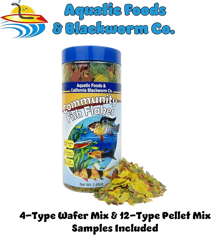 Community & Tropical Fish Flakes, for Angel Fish, Guppies, Live Bearers, Loaches, Gouramis, Catfish, Cichlids, 12-Type Pellet Mix & 4-Type Wafer Mix Included..2.65oz Canister
