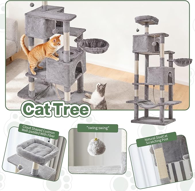 Cat Tree for Indoor Cats, 66 Inches Cat Tower with Scratching Post, Multi-Level Climbing Tree Cat House Padded Plush Perch, Cat Condo Activity Center with Pompoms, Kittens Pet Play House, Beige