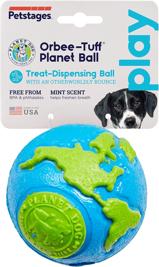 Outward Hound by Planet Dog Orbee-Tuff Planet Ball Blue/Green Treat-Dispensing Dog Toy, Large