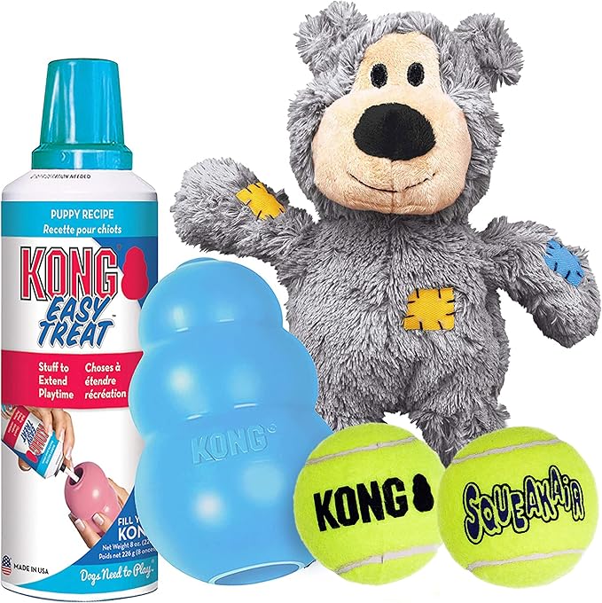 KONG Puppy Starter Dog Toy Kit - Interactive Play Kit with SqueakAir Balls, Easy Treat, Wild Knots Bear & KONG Toy - For Small Puppies - Blue