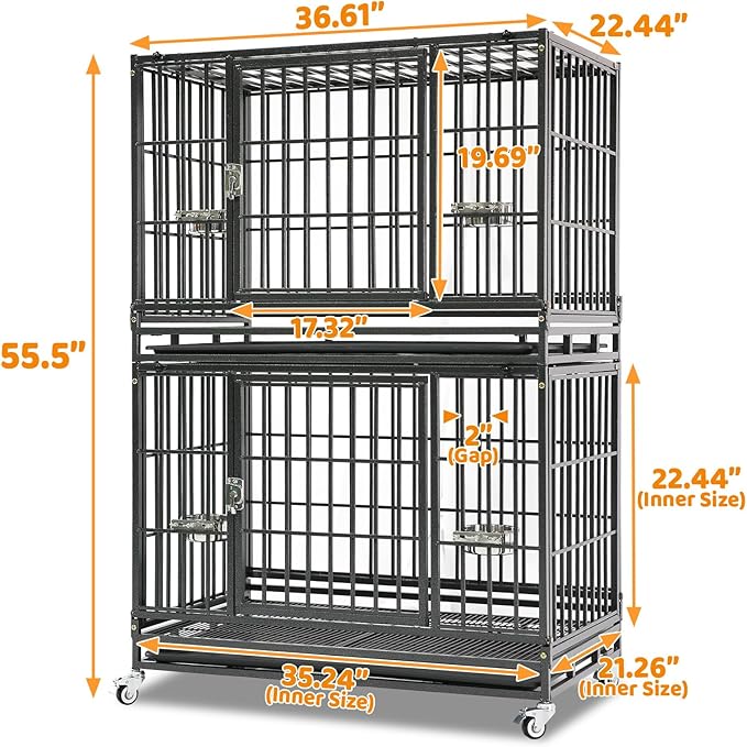 Homey Pet Two Tiers 37 Inch Dog Crate Cage Kennel with Feeding Bowls, Lockable Wheels and Removable Tray, Escape Proof Metal Wire Heavy Duty Dog Crates for Medium/Small Sized Dogs (4 Pack)