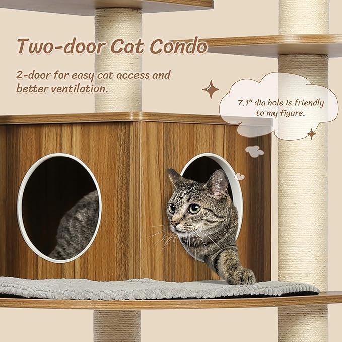 Tall Wooden Cat Tree, 69.3 Inch Modern Cat Tower for Indoor Cats, Multi-Level Cat Condo with 5 Scratching Posts, Perch, Cat Furniture for Big Cats, Rustic Brown