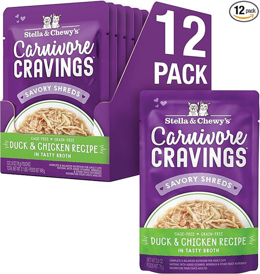 Stella & Chewy's Carnivore Cravings Wet Cat Food - Premium Pouches - Grain Free, High Protein Duck & Chicken - Perfect for Picky Eaters - Complete Meal or Topper (2.8 oz, 12 Pack)