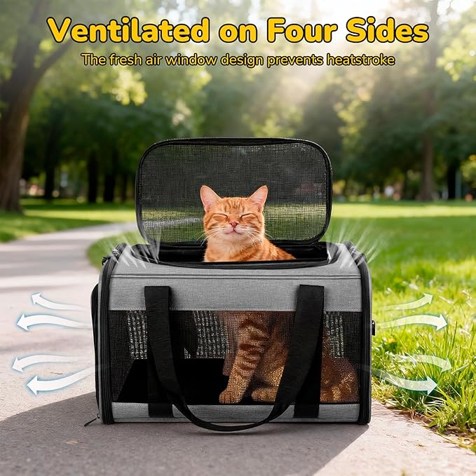 Hipubby Cat Carrier Dog Carrier for Pets Up to 16 Lbs, Soft-Sided Pet Travel Carrier for Cats and Small Dogs, Airline Approved Pet Carrying Case with Shoulder Strap & Removable Mat - Grey