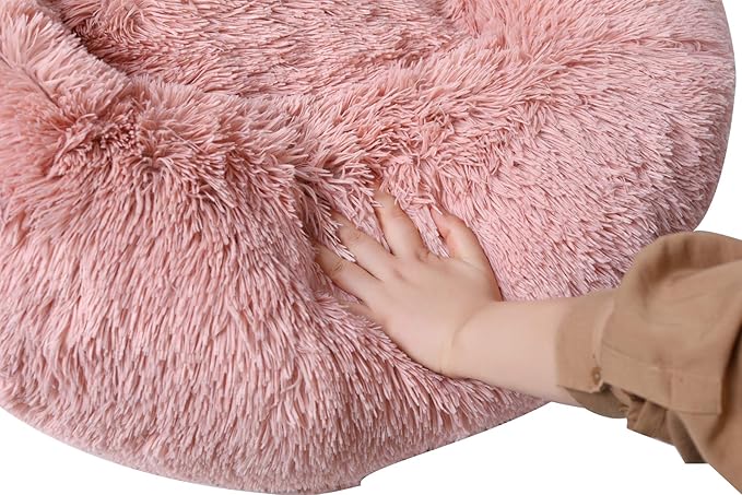 BinetGo Calming Cat and Dog Beds, 20 Inch Beige Donut Bed - Machine Washable, Anti Slip Waterproof Bottom