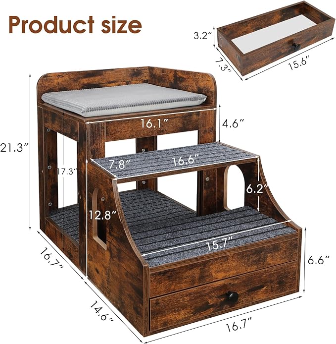 Pet Bunk Bed for Cats, Multi-Level Pet Window Perch Seat Platform with Removable Stairs and Mats for Cats and Dogs, Pet Bed Couch with Drawers for Bedside, Home, Indoor Use, Brown