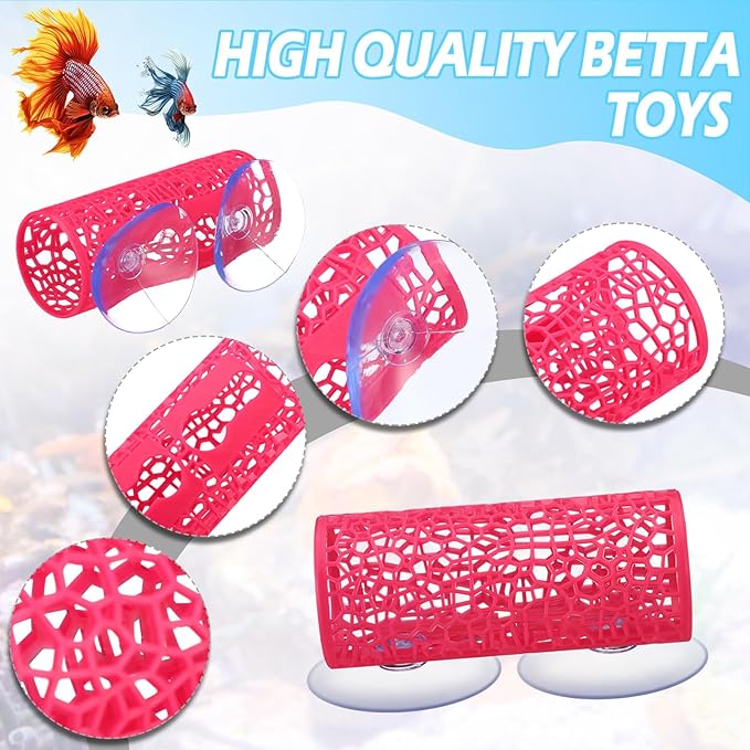 Honeydak 2 Pcs Betta Fish Tank Accessories Betta Tunnel Fish Toys Safe Hollow Hammock Cave Aquarium Decor with Suction Cups for Small Shrimp Reptile Guppies(Pink,Hideout Tube)
