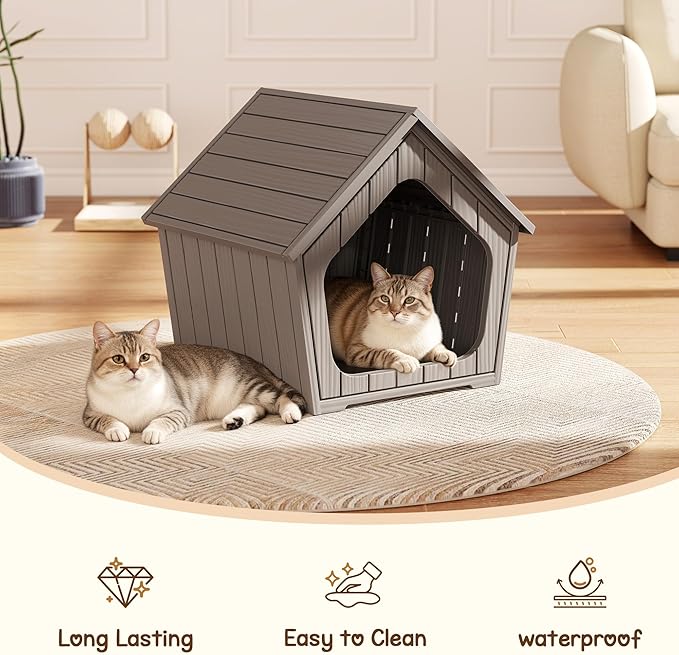 Multi-use Cat Litter Box Enclosure with Spacious Door, Plastic Hidden Litter Box & Cat Bed with Hidden Air Hole, Cabin-Style Cat House Suitable for Warm Outdoor and Indoor Use, Gray