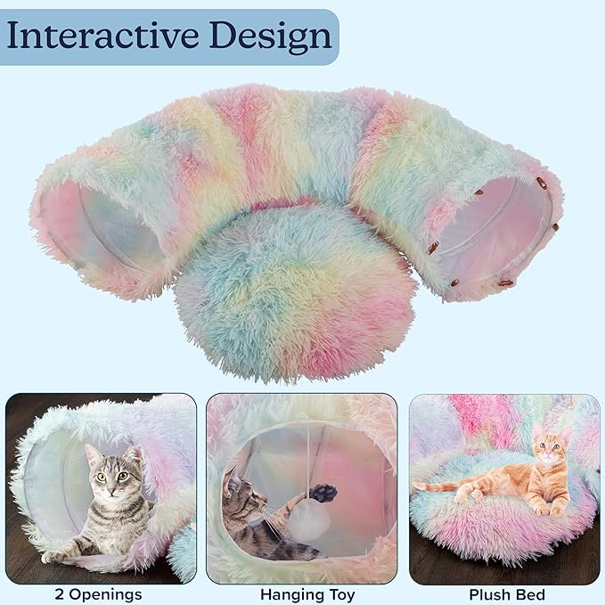 Cat Tunnel with Bed for Indoor Cats - 3FT Multifunctional Cat Tunnel Bed with Toys - Soft, Plush Peekaboo Cat Cave for Kittens, Cats, Ferrets, and Rabbits - Cat Products by PETMAKER (Multi)