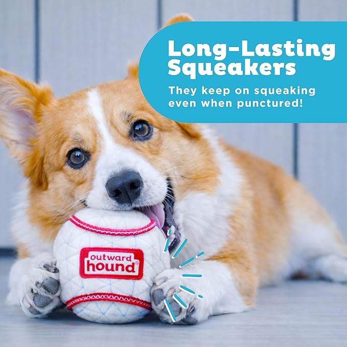 Outward Hound Xtreme Seamz Dog Toy, Reinforced Seams & Multiple Stitching, Durable Plush with Squeakers, Baseball, 4.7”