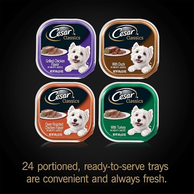 Cesar Classic Loaf in Sauce Adult Wet Dog Food with Duck, Oven Roasted Chicken, Grilled Chicken, and Turkey Recipes, 3.5 oz. Easy Peel Trays, Variety Pack (24 Count, Pack of 1)