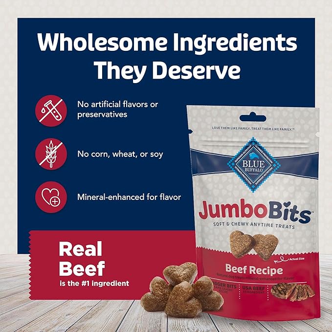 Blue Buffalo Jumbo Bits, Soft & Chewy Anytime Treats, Beef Recipe, Natural Dog Treats Mineral Enhanced for Flavor, 11 oz. Bag