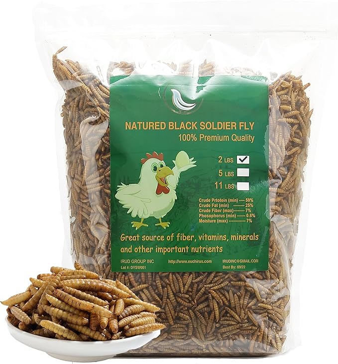 Non-GMO High-Protein Large Dried Black Soldier Fly Larva for Chickens, Natural Grubs and Poultry Treats as Chicken Feed,Duck Food, Wild Birds Seed,Reptile Food(Black Soldier fly-2LB)