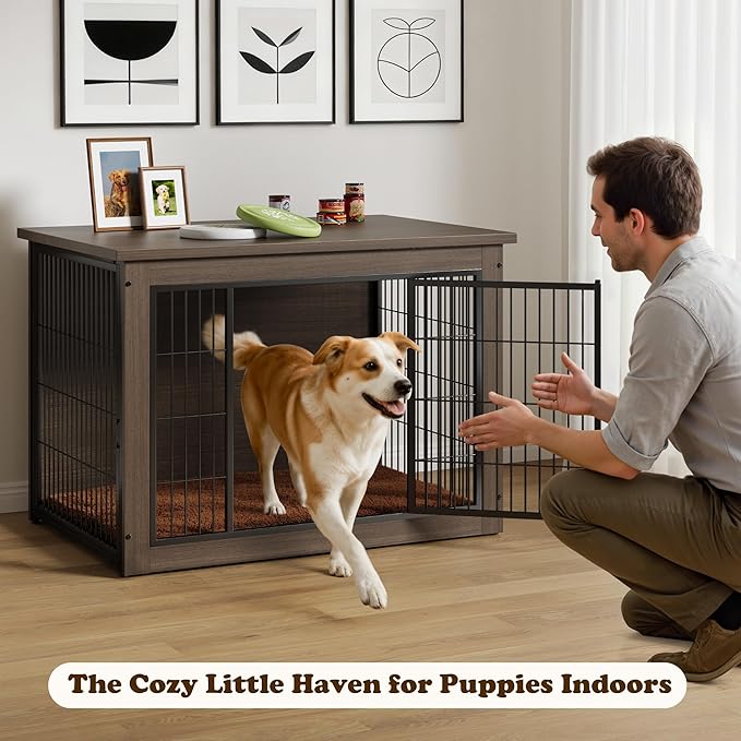 Dog Crate Furniture with Thick Cushion, Side End Table Wooden Dog Cage with Double Doors, Chew-Resistant Dog Kennel Dog House Indoor for Small to Large Dog