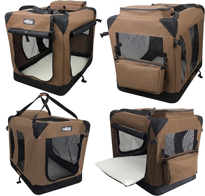 EliteField 3-Door Folding Soft Dog Crate with Carrying Bag and Fleece Bed (2 Year Warranty), Indoor & Outdoor Pet Home (20" L x 14" W x 14" H, Brown)