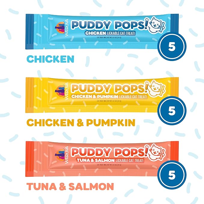 Bundle of Weruva Puddy Pops Lickable Cat Treats in 3 flavors, Chicken, Tuna & Salmon, and Chicken & Pumpkin