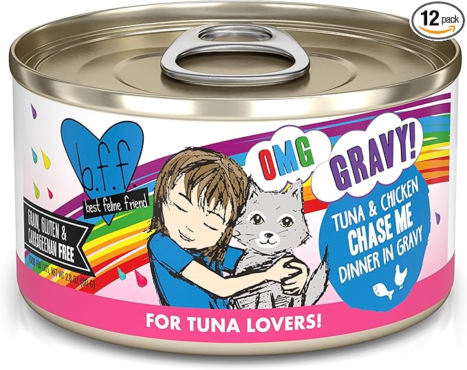 Weruva B.F.F. OMG - Best Feline Friend Oh My Gravy!, Tuna & Chicken Chase Me with Tuna & Chicken, 2.8oz Can (Pack of 12)