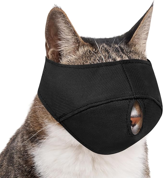 BARKLESS Cat Calming Muzzle for Grooming & Nail Trimming, Oxford Muzzle with Shading Design to Help Calm the Cat Down, Soft Head Cover to Prevent Biting & Scratching (Black, M)