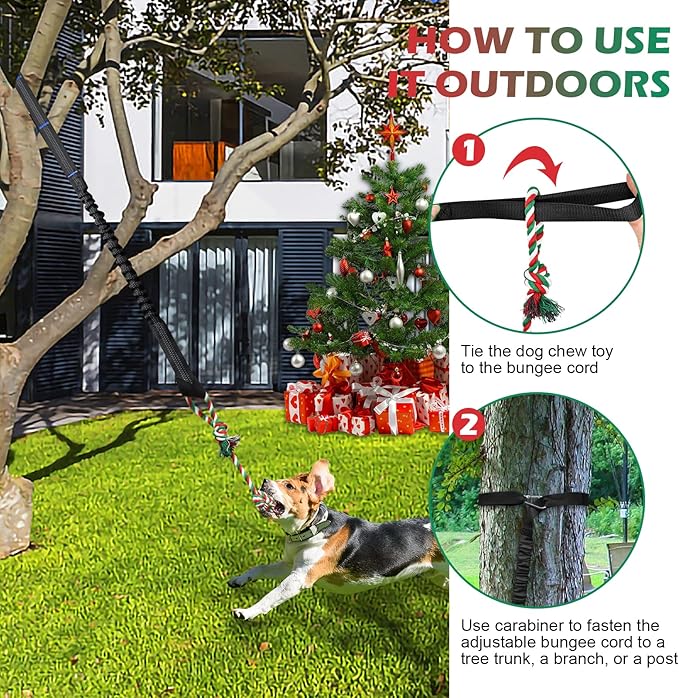 Door Anchor Dog Hanging Bungee Tug Toy for Small Dog Pull Rope and Tug of War, Indoor and Outdoor Pull Interactive Toy, Durable Retractable Tugger Dog Rope Toy with 2 Chew Toys