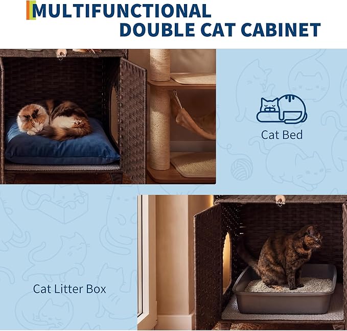 Double Litter Box Enclosure for 2 Cats - Rattan Hidden Cat Furniture with Litter Mat 2 Hooks & Doors, Large Cat House for 2 Litter Boxes, Easy Clean, 47.2" l x 19.7" w x 23.6" h Brown