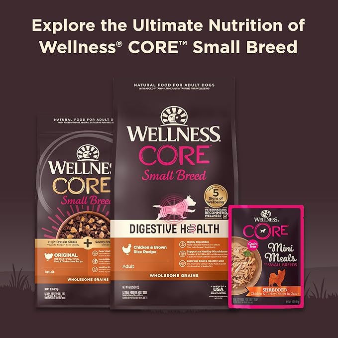 Wellness CORE Small Breed Mini Meals Pate Adult Wet Dog Food, Grain Free, Natural, Beef and Chicken Dinner Recipe, 3 oz, Pack of 12 Pouches