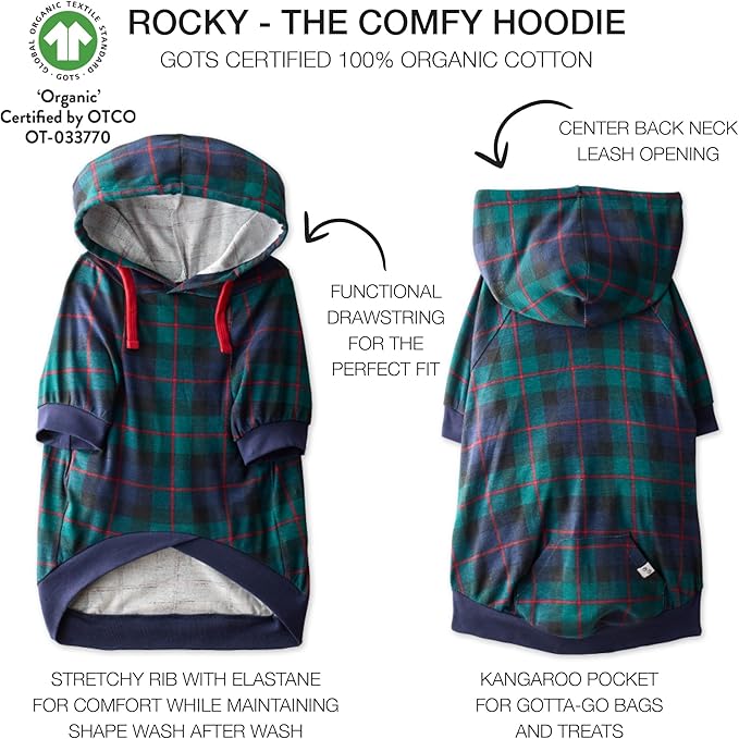 Pet Passion Rocky – The Original Lightweight Hooded Tee 100% Organic Cotton Dog Hoodie Pet Coat Sweater for All Sized Dogs, Black Watch Plaid, Medium (20-45 lbs)