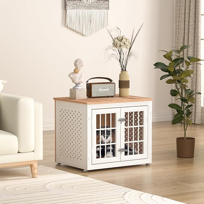 rehomerance 26" Heavy Duty Dog Crate Furniture for Small Dogs, Metal Kennel for High Anxiety Dogs, Chew Proof Pet Cage Indoor, Decorative Dog Kennel End Table,White