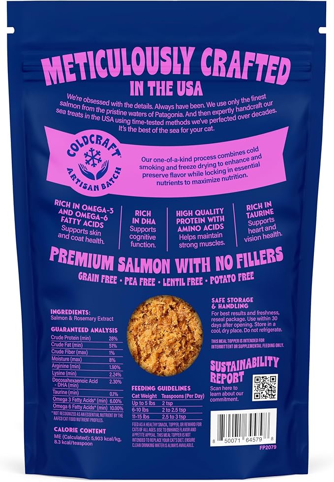 Finfare Freeze Dried Cat Food Toppers, Salmon Sprinkles, Grain Free Meal Toppers for Cats to Support Taste & Nutrition - High Protein & Omega-3s, Crafted in USA, 6oz