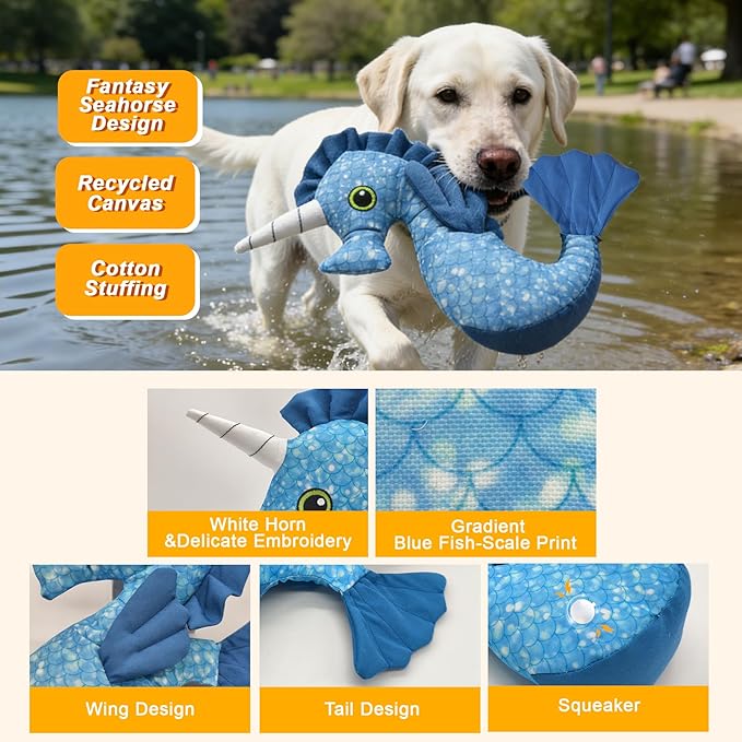 Recycled Canvas Seahorse Squeaky Dog Toy for Chewers Puppy Teething Chew Toy Cute Hippocampus Stuffed Animal Durable Interactive Dog Squeak Toy for Small Medium Large Dogs Toy Gift 29cm/11.42in