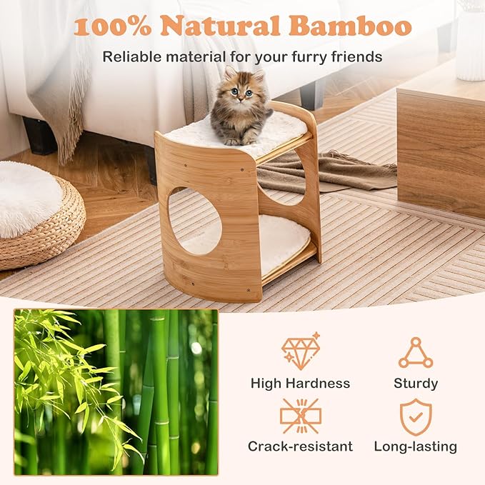 PETSITE 2-Tier Indoor Bamboo Cat Bed, Boho Cat Condo with Double Cat Beds, Removable & Washable Cushions, Minimalist Kitten Bed for Indoor Cats, 16 x 13 x 16 inch