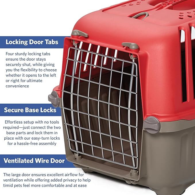 MidWest Homes for Pets Spree Travel Carrier - Hard-Sided Dog & Cat Carrier, Small Pet Travel Crate with Handle, Ventilated Design, Easy Assembly, 19-Inch, Red