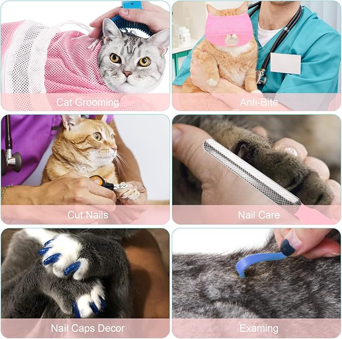 Cat Bathing Bag Adjustable Cat Grooming Net Bag Anti-bite & Anti-Scratch Cat Bath Washing Restraint Bag, Breathable Mesh Cat Grooming Bag for Shower, Nail Trimming, Injection