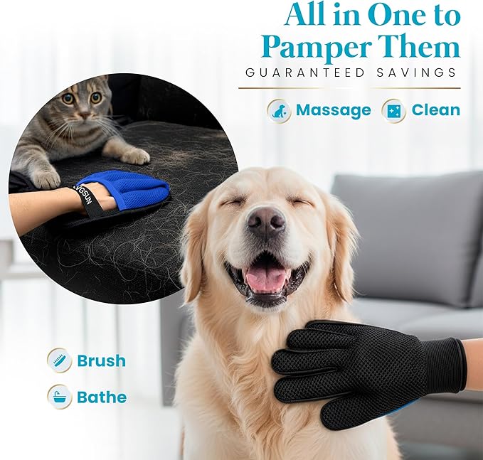 Cat Grooming Gloves for Shedding – Pet Hair Remover Set with Cleaning Mitt – 2 Grooming Gloves + 1 Reusable Pad for Cats, Dogs & Horses – Long & Short Hair Deshedding