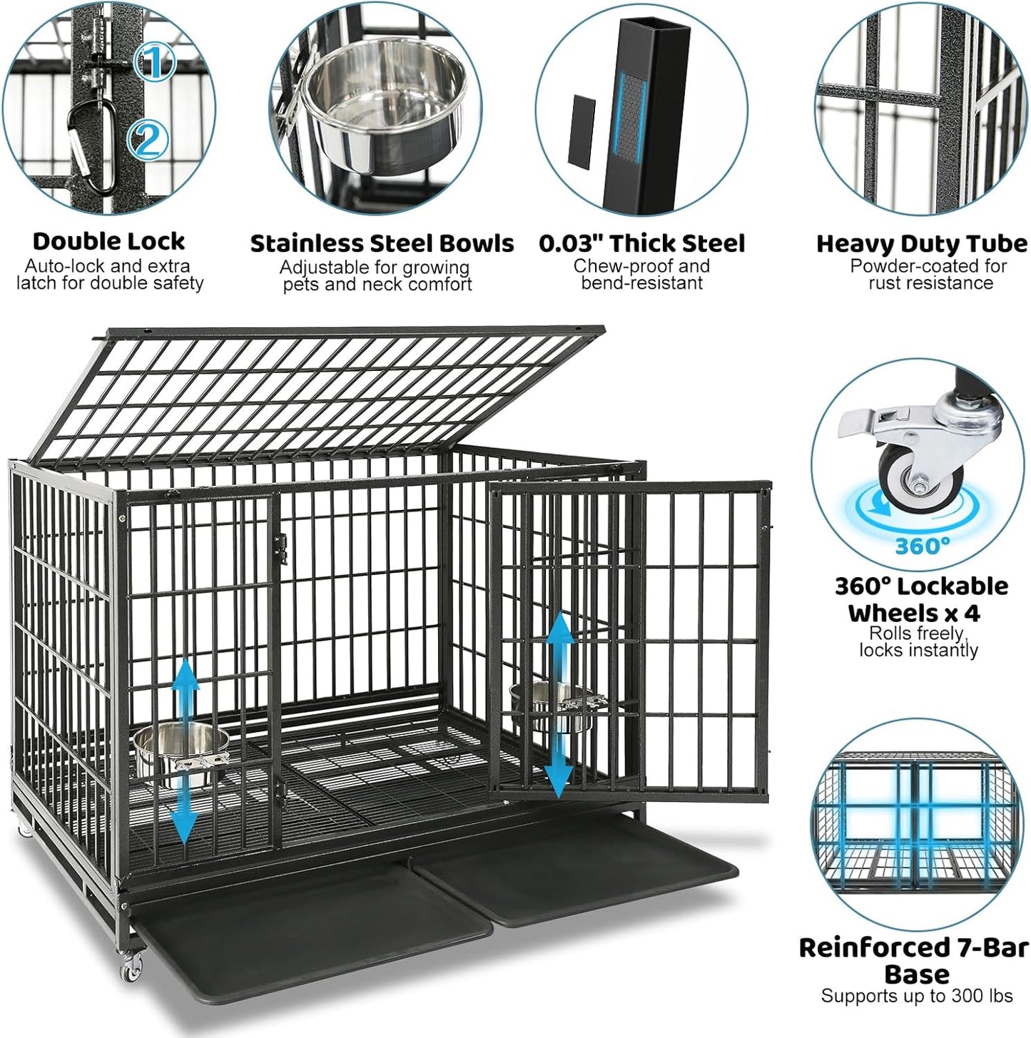 48 Inch Heavy Duty Dog Crate, Indestructible Escape Proof Big Cage for High Anxiety Large Dogs, Stackable & Collapsible XL Dog Kennel Indoor with Wheels,Dual Trays,Adjustable Bowl,Top Access