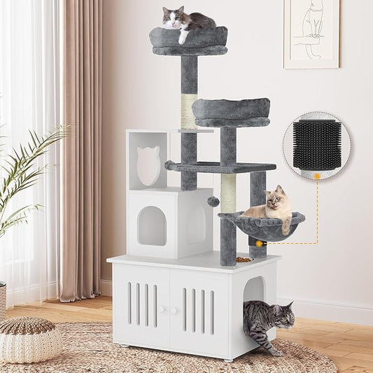 YITAHOME Cat Tree with Litter Box Enclosure, 2-in-1 Cat Furniture, Modern Cat Condo, Indoor Cat Tower with Wood House, Perch, Food Station, Hammocks, Scratch Post, Hair Brush, 59 Inch, White
