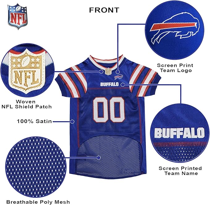 Pets First Buffalo Bills Dog Jersey, X-Large, Buffalo Bills Colors, Poly-mesh and Satin, Pull On, NFL Jerseys, Unisex, Breathable, for All Breed Sizes