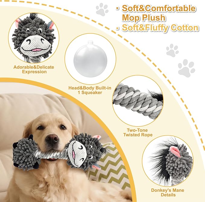 Grey Donkey Mop Plush Squeaky Dog Toy with Rope Neck Puppy Teething Chew Toy Cute Soft Funny Durable Interactive Tug of War Dog Rope Toy for Small Medium Large Dogs Toy Gift 28cm/11.02in