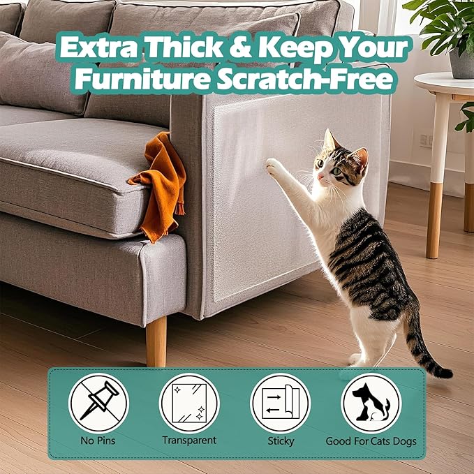 Cat Scratch Protector Rolled(12" x16ft/30x500cm) - Clear Self-Adhesive Furniture Tape, No Residue Removable Couch Guard for Sofa Door Walls