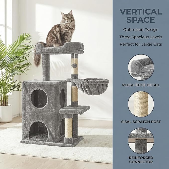 Fansafurn Cat Tree Tower for Indoor Cats, 36-inch Adult Cat Tree House for Large Adult Cats with Steps, Scratching Post, 2 Cat Condo, Dangling Toys, Light Grey