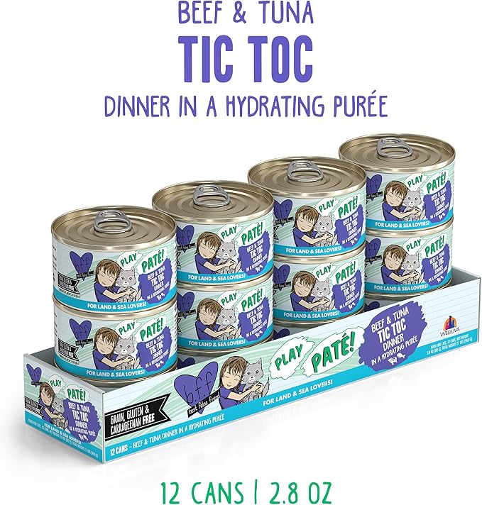 Weruva B.F.F. Play - Best Feline Friend Paté Lovers, Aw Yeah!, Beef & Tuna Tic TOC with Beef & Tuna, 2.8oz Can (Pack of 12)