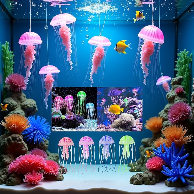 4 Pcs Fluorescence Jellyfish Aquarium Decorations for Large Small Fishtank Glowing Jellyfish Toy for Fish Tanks Jellyfish Decorations for Bedroom, Aquatic Pets