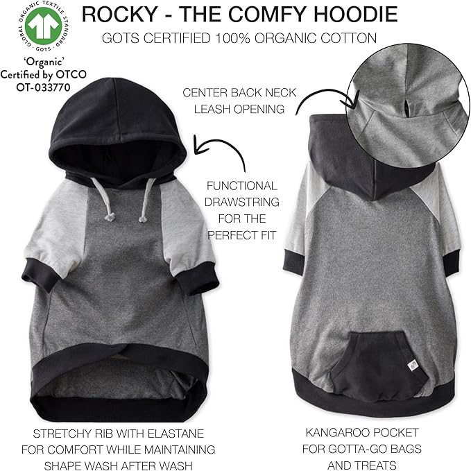 Pet Passion Rocky – The Original Lightweight Hooded Tee 100% Organic Cotton Dog Hoodie Pet Coat Sweater for All Sized Dogs, Black Color Block, X-Small (5-12 lbs)