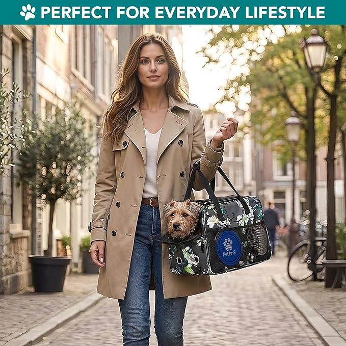 PetAmi Dog Purse Carrier for Small Dogs, Airline Approved Soft Sided Pet Carrier with Pockets, Ventilated Dog Carrying Bag for Puppy Cat, Dog Travel Supplies Bag, Sherpa Bed, Max 12 lbs, Floral Gray