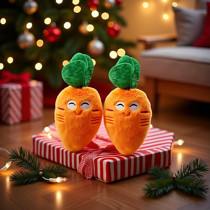 2 Pcs Soft Puppy Pet Supplies, Cute Orange Carrot Plush Chew Squeaker Sound Squeaky for Dog Cat Birthday Xmas Gifts
