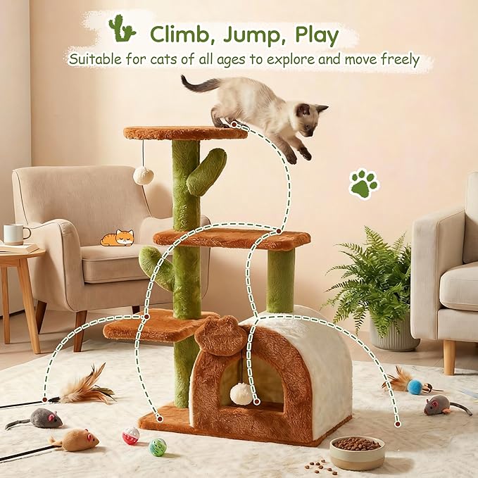 Cactus Cat Tree for Indoor Cats with Cozy Condo Wide Top Perch Multi-Level Climbing and Lounging Space 27.5inch Plush, Brown