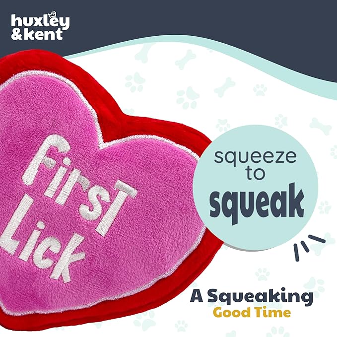Huxley & Kent Funny Dog Toy w/Squeaker – Valentine's Day Power Plush Squeaky Dog Toys for Small, Medium & Large Dogs – Soft Stuffed Animal for Indoor Play & Fetch - First Lick Heart, Large